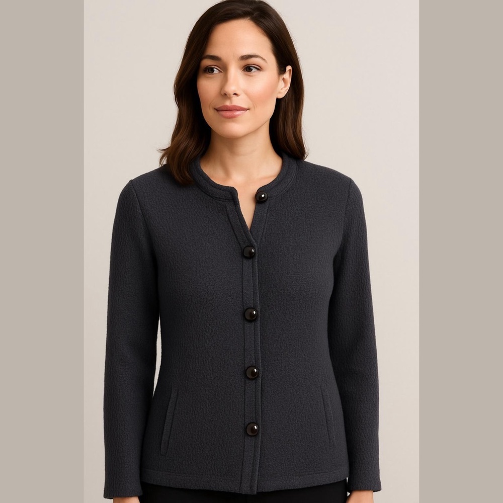 * St. John Caviar Black Textured Knit Button Up Jacket Size 16